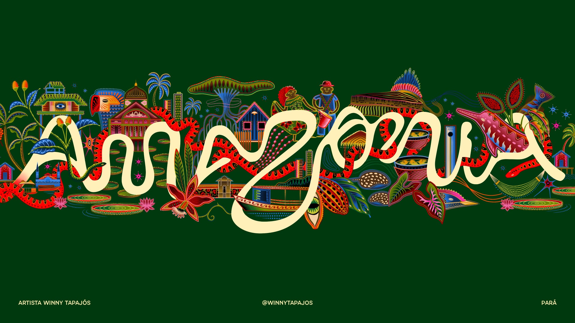 Amazonia logo integrated with a colorful geometric illustration of a tropical bird.