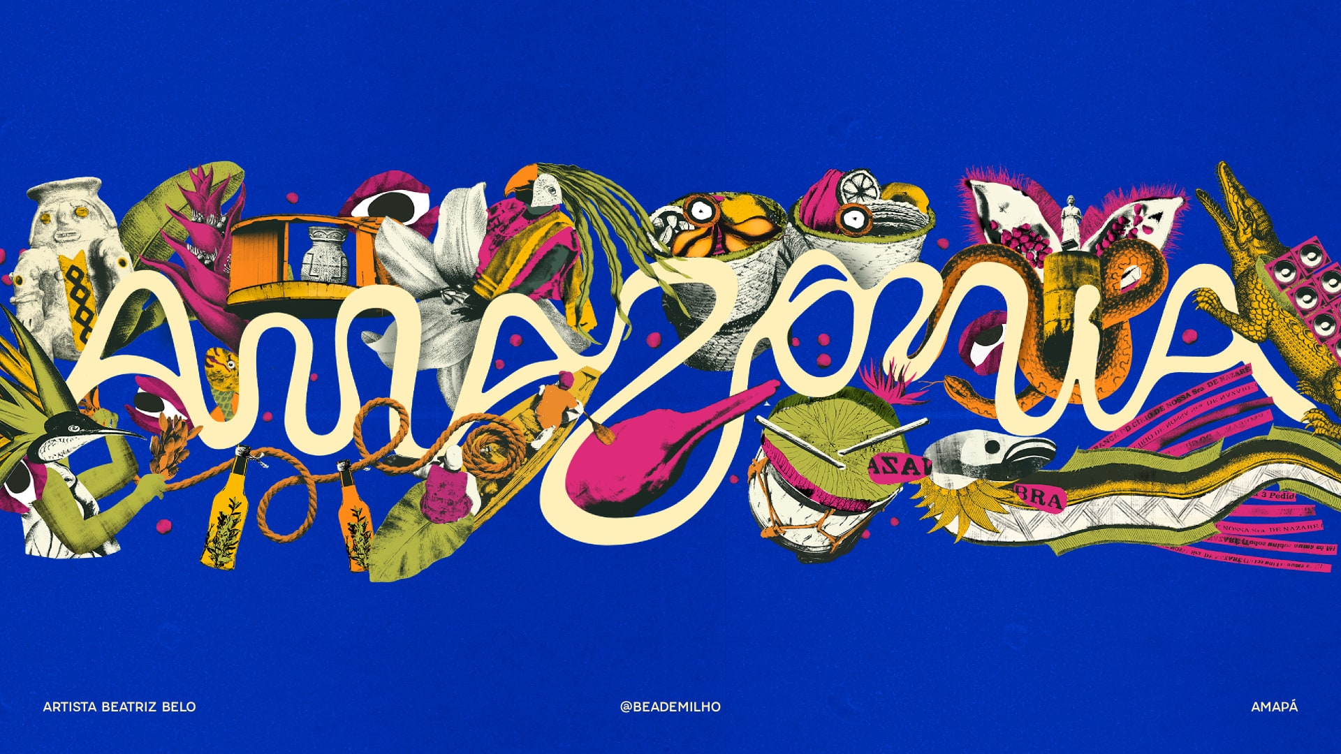 Amazonia logo paired with an illustration of regional flora and fauna in a warm earth-tone palette.