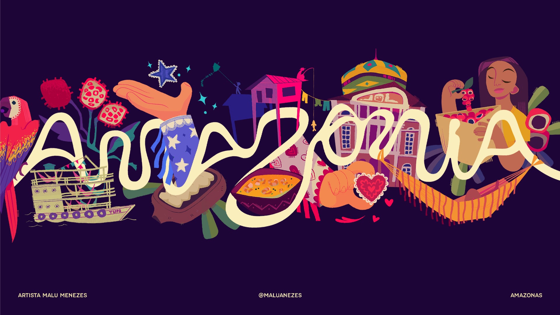 Amazonia branding featuring a stylized, colorful fish illustration within the typographic system.