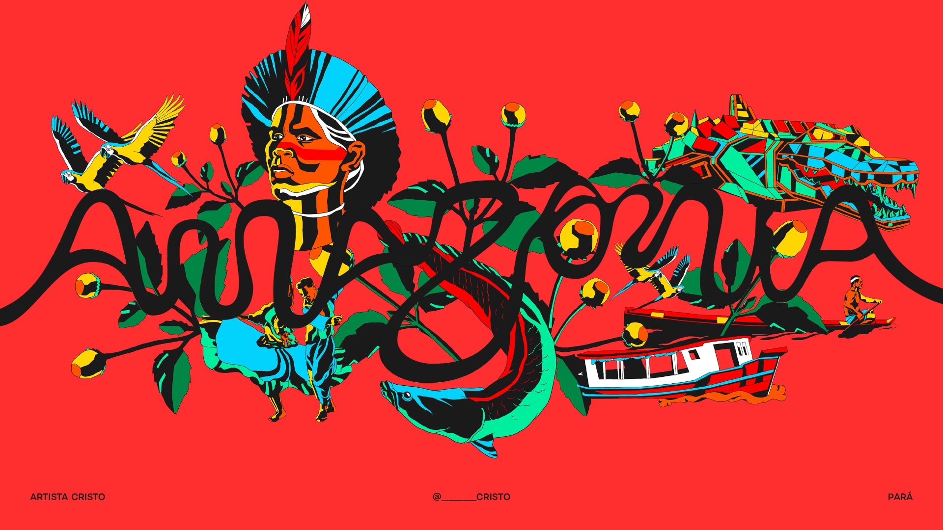 Abstract branding illustration showing the intersection of river patterns and local Amazonian art styles.