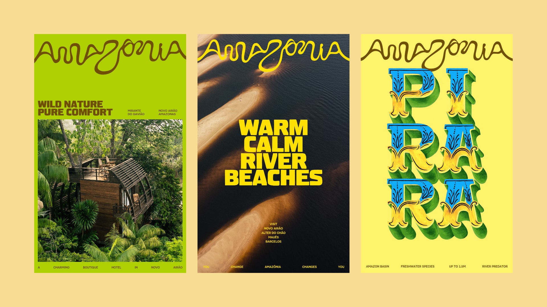 Brand identity poster showcasing the 'Feito de Amazônia' seal and vibrant regional photography.